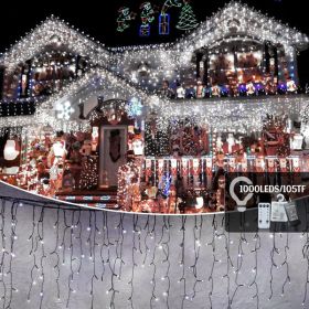 105ft Outdoor Christmas Decoration Lights,1000 LED 8 Modes Curtain Fairy Lights with 50 Drops,Plug in,Waterproof,Timer