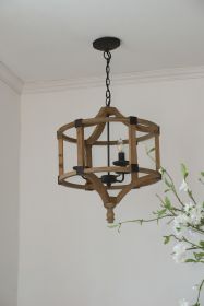 3 - Light Wood Drum Chandelier, Hanging Light Fixture with Adjustable Chain for Kitchen Dining Room Foyer Entryway, Bulb Not Included