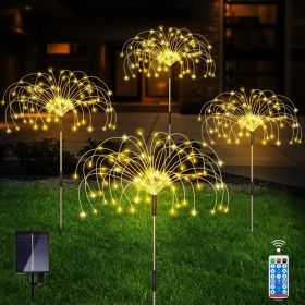 Outdoor Solar Garden Lights;  4 Pack 120 LED Copper Wire Waterproof Solar Garden Fireworks Lamp with Remote;  8 Modes Decorative Sparkles Stake Landsc (Color: Warm White)