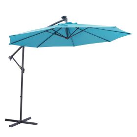 10 FT Solar LED Patio Outdoor Umbrella Hanging Cantilever Umbrella Offset Umbrella Easy Open Adustment with 32 LED Lights (Color: Blue)