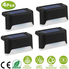 4Pcs Solar Powered LED Step Lights Outdoor IP55 Waterproof Dusk To Dawn Sensor Fence Lamps (Light Color: Warm, Color: Black)