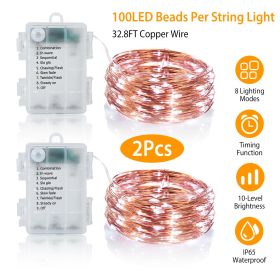 2Pcs LED String Lights 100LED Beads 32.8FT Copper Fairy Lights (Light Color: Cold)